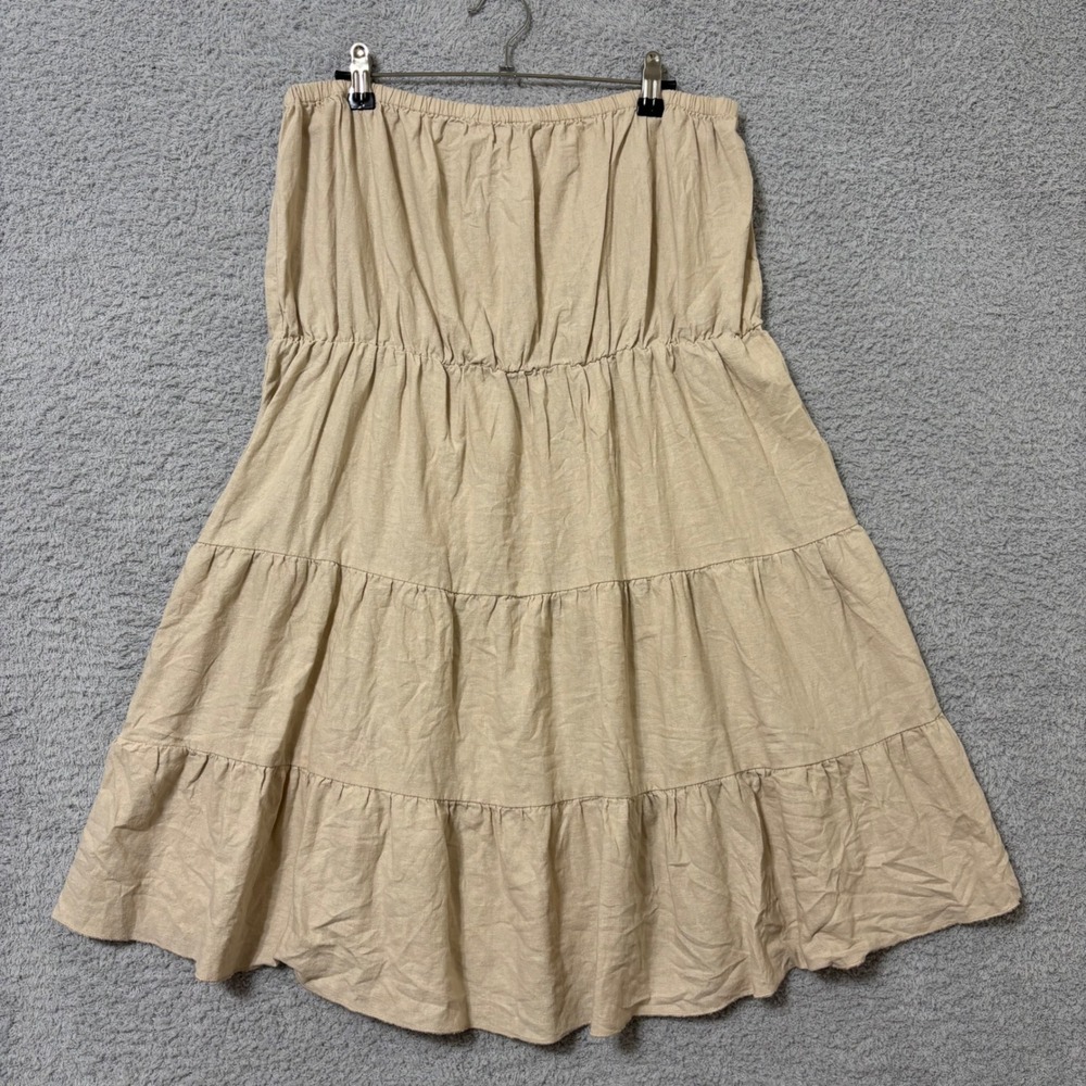 Casual Everyday Linen Strapless‎ Tiered Mini Dress 2X Smocked Neutral
